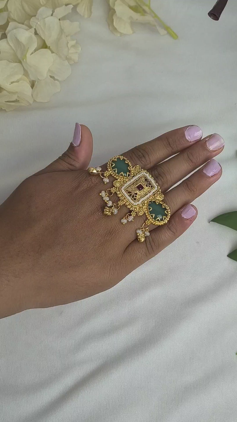 Rajasi Antique Gold Kundan Ring with Green Stone & Pearl Drops