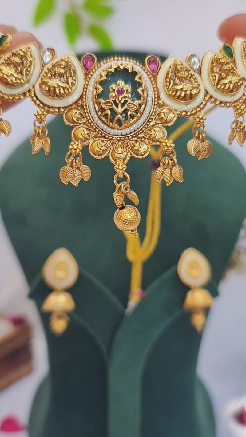 Padma Antique Finish Temple Jewellery Pearl Necklace Set