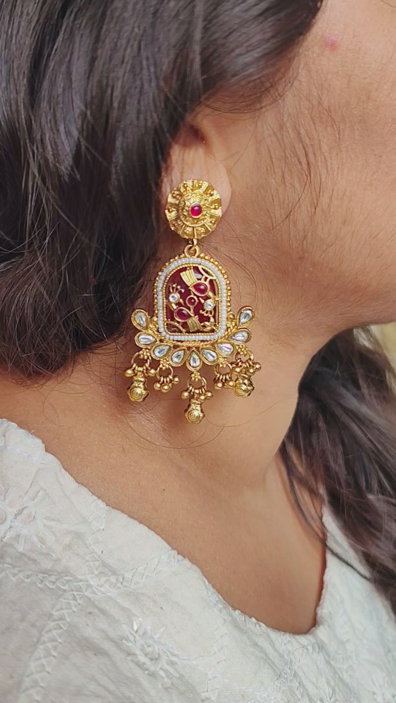 Amayra Gold Plated Heritage Kundan Earrings - Red