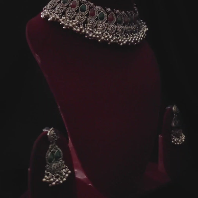 Kaushiki Pink & Green Stone Silver Oxidized Choker Set