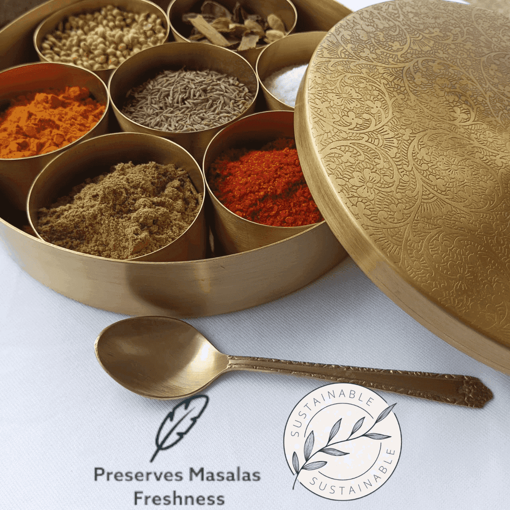 Pure Brass Engraved Spice Box (Masala Daani) - The Sundook