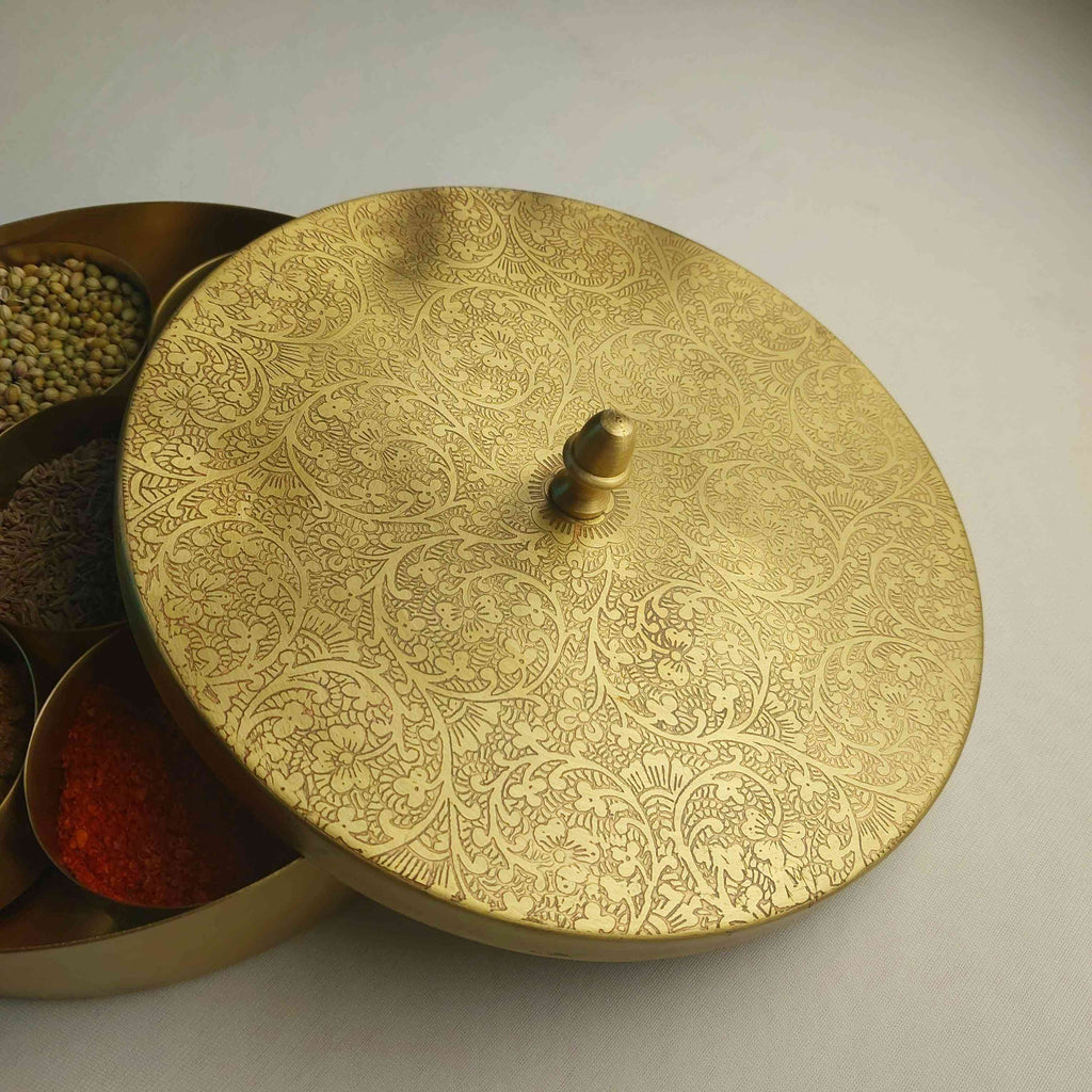 Pure Brass Engraved Spice Box (Masala Daani) - The Sundook