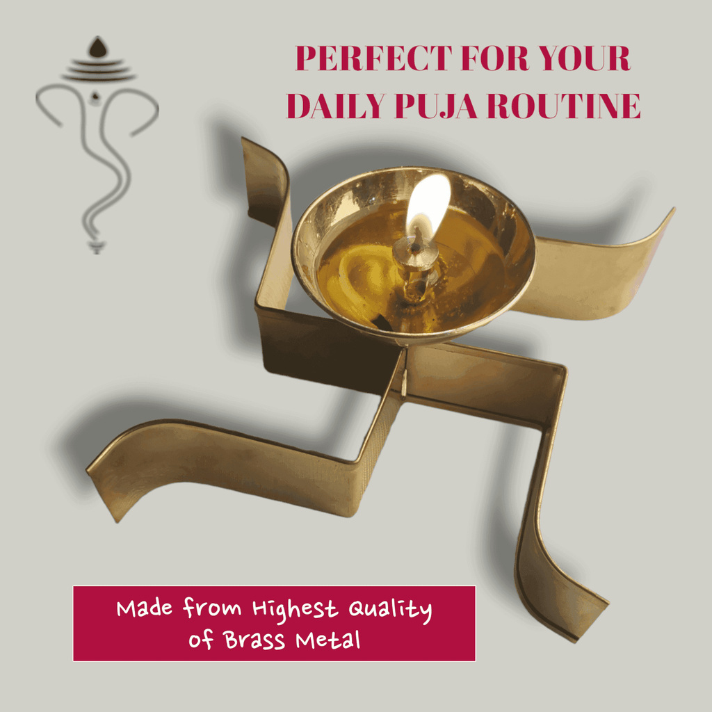 Sacred Swastik Shaped Brass Diya - The Sundook