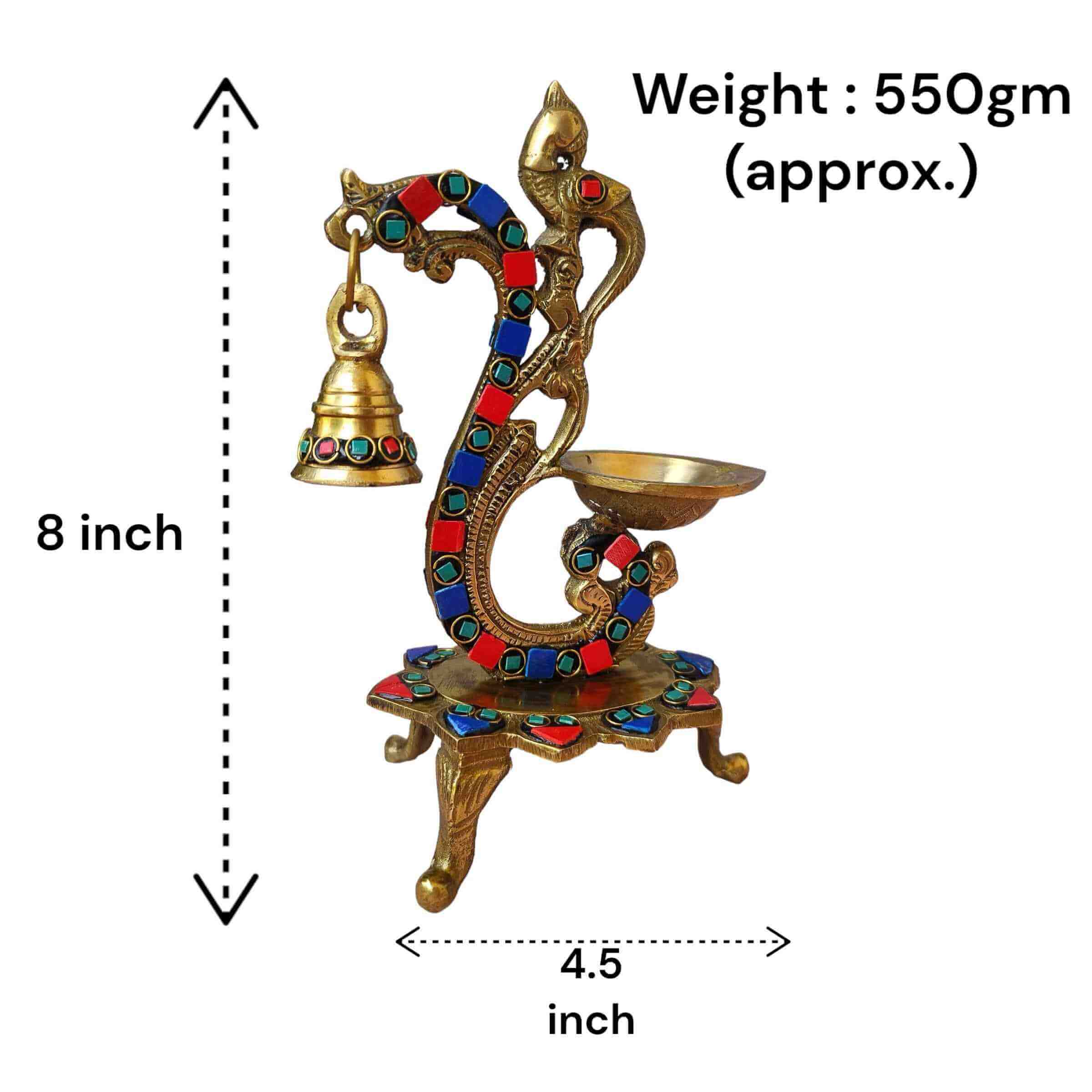 Peacock Trinity Stone Brass Diya with Bell
