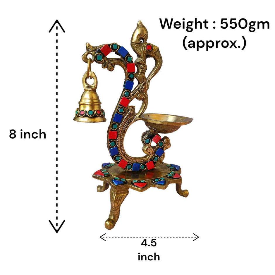 Peacock Trinity Stone Brass Diya with Bell